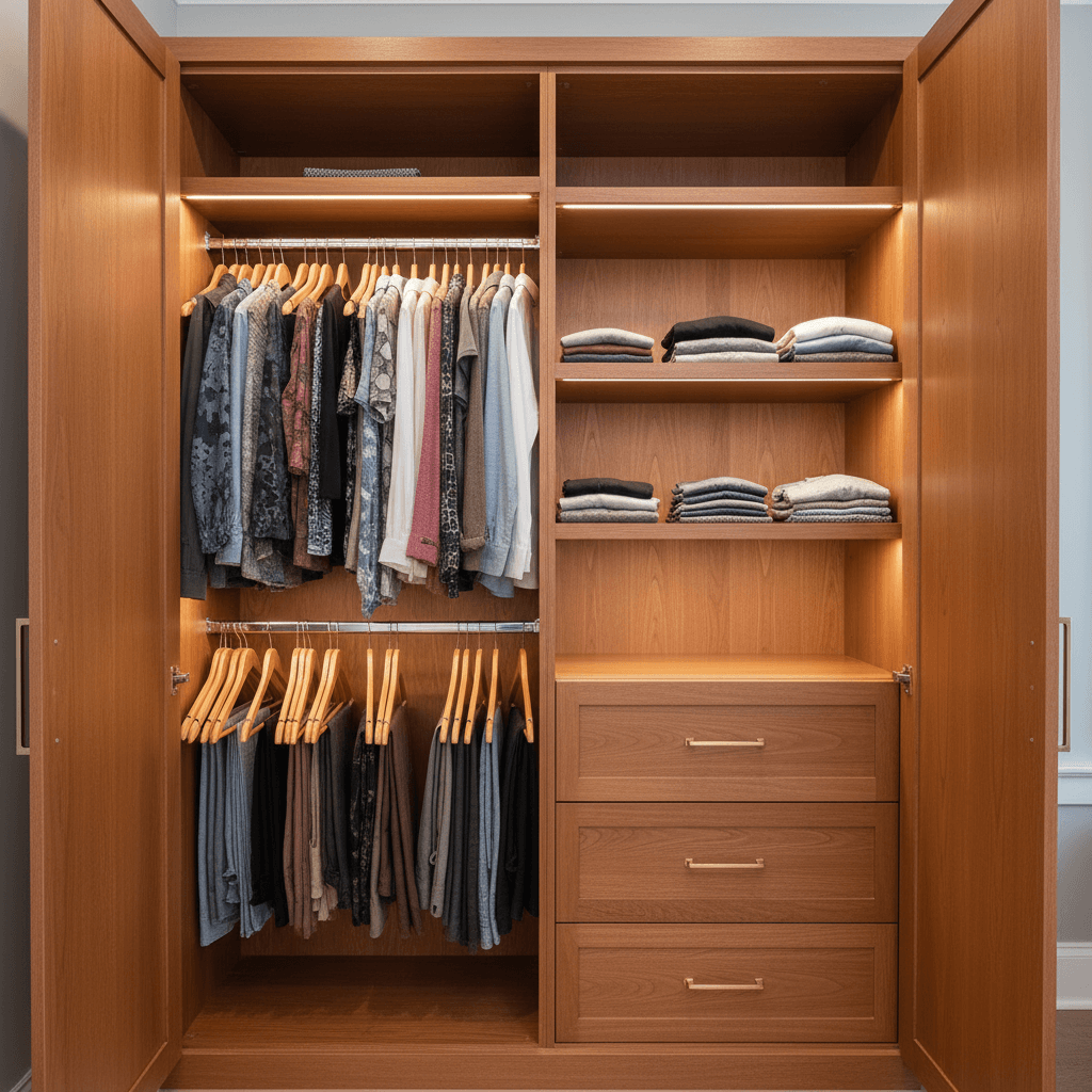 Custom closet system with professional shelving and organization