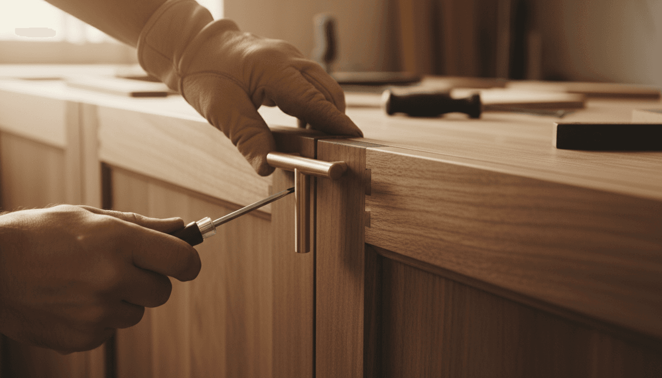 Premium cabinetry hardware being installed with precision into walnut wood