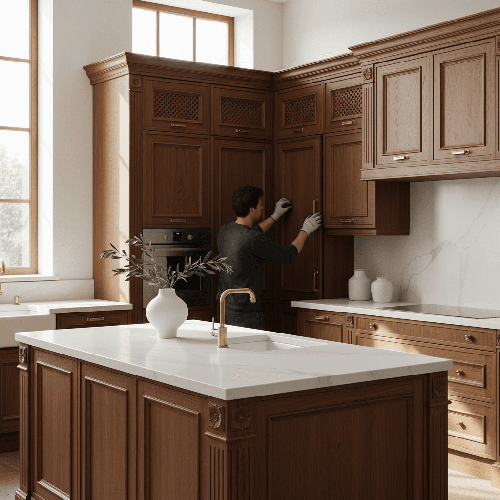Custom cabinetry installation in modern kitchen with designer reviewing details