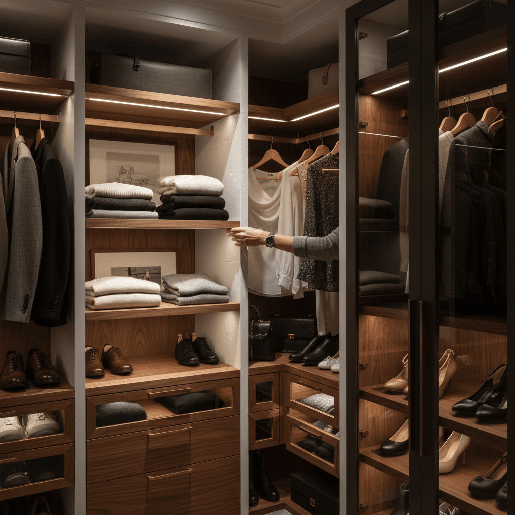 Custom closet organization system with premium shelving and lighting