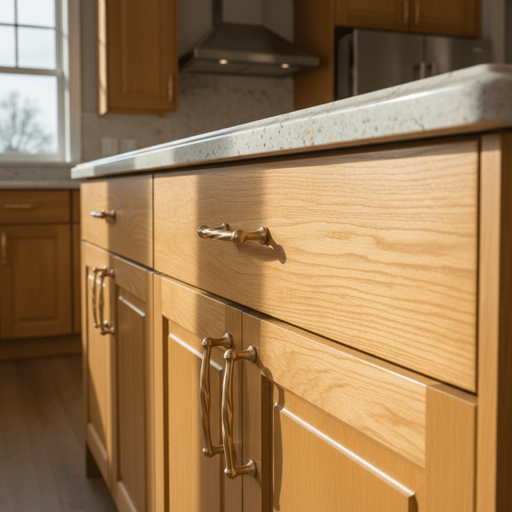 Custom Italian-style kitchen cabinetry with warm wood finish