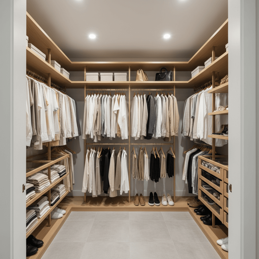 Custom closet interior with organized shelving and hanging storage