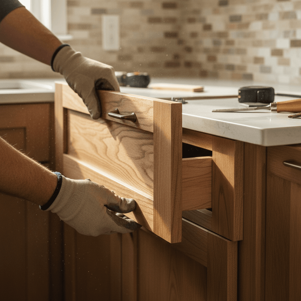 Custom cabinetry installation showing Italian-quality woodwork detail
