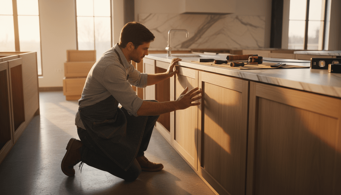 Craftsman installing premium cabinetry in a high-end kitchen renovation