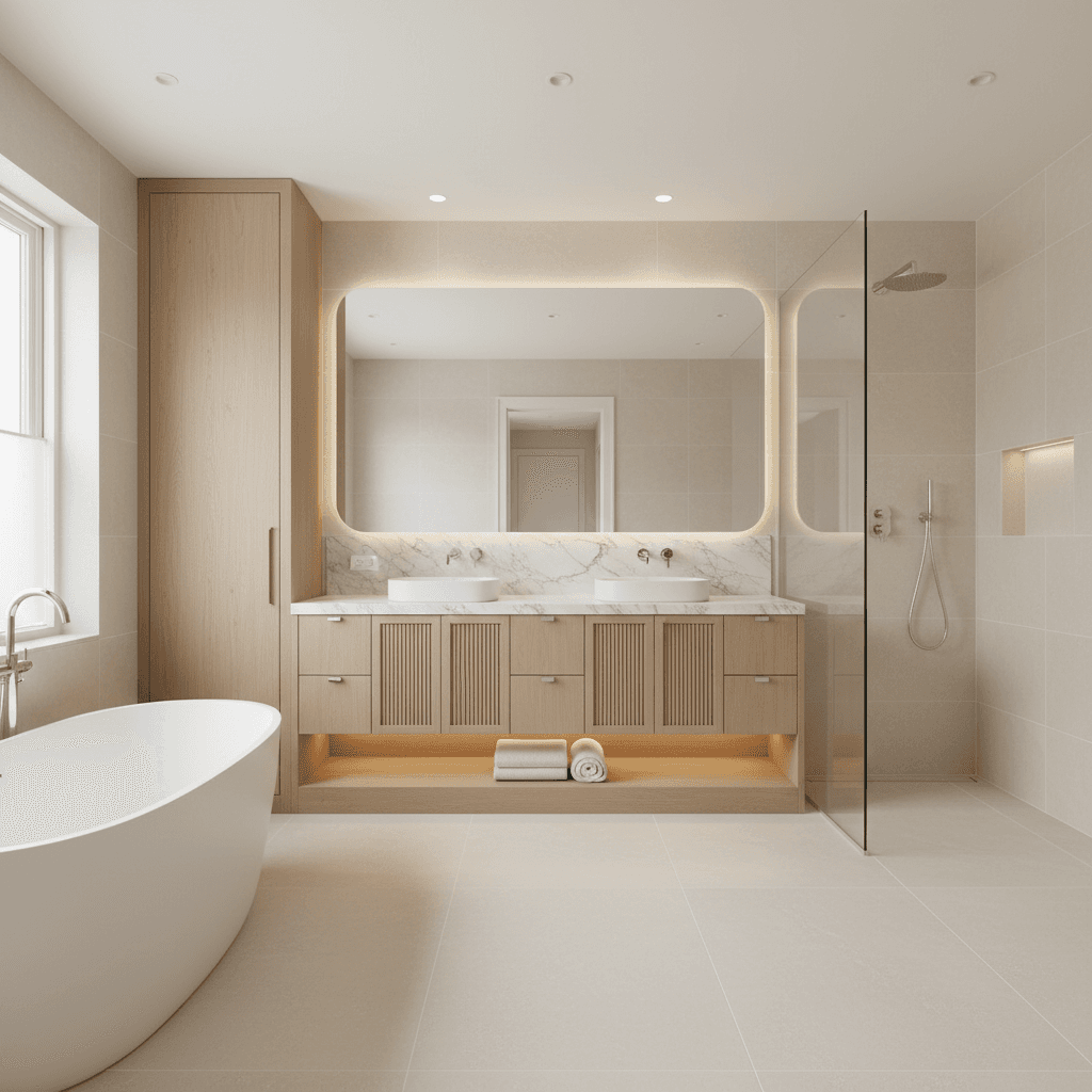 Completed bathroom renovation with marble flooring