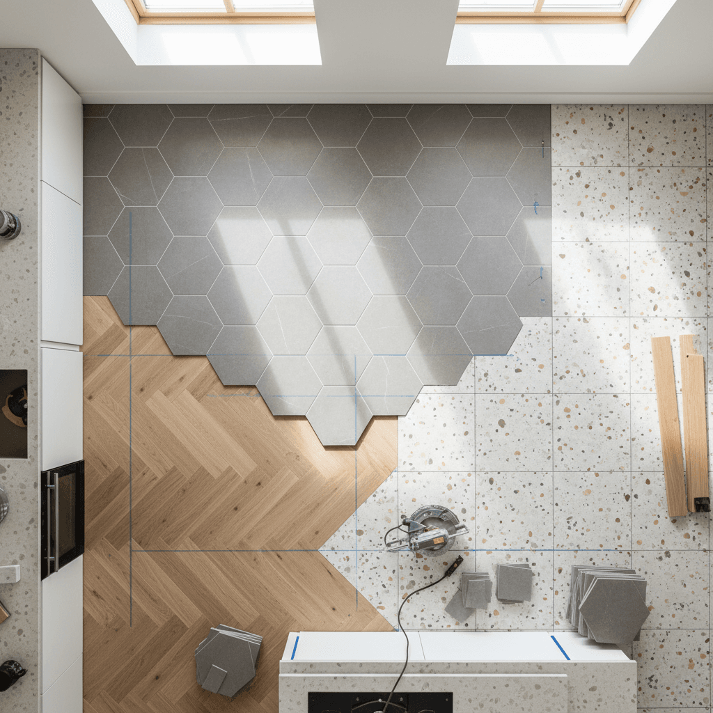 Kitchen flooring installation with material transitions