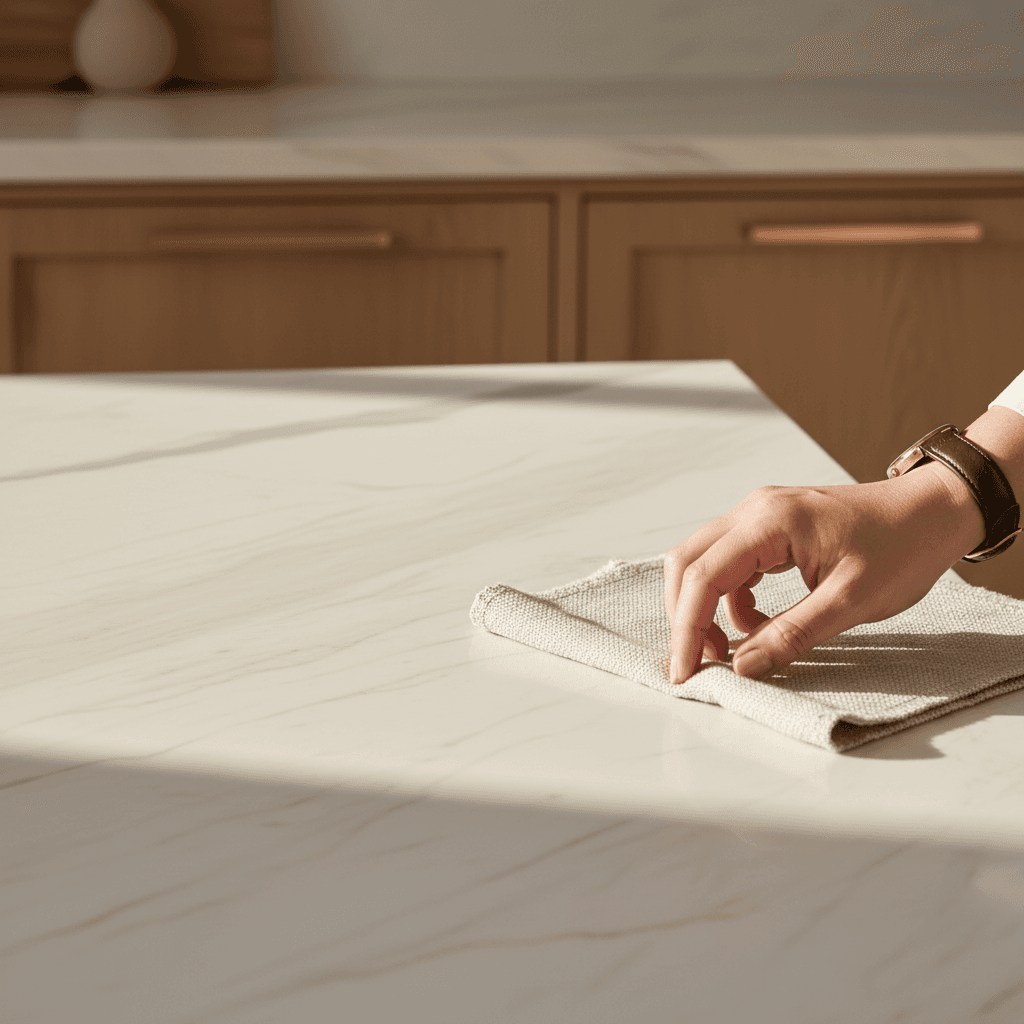 Italian marble countertop with design samples during kitchen consultation