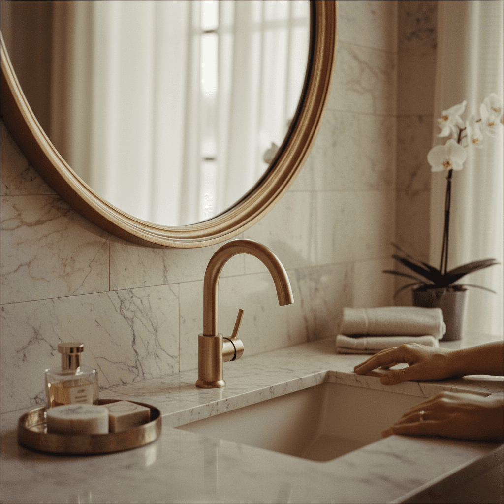 Luxury bathroom vanity with Italian tile and premium fixtures