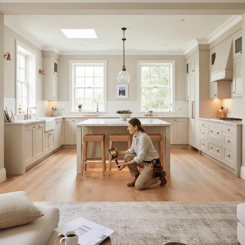 Completed home interior renovation showing coordinated cabinetry, flooring, and finishes