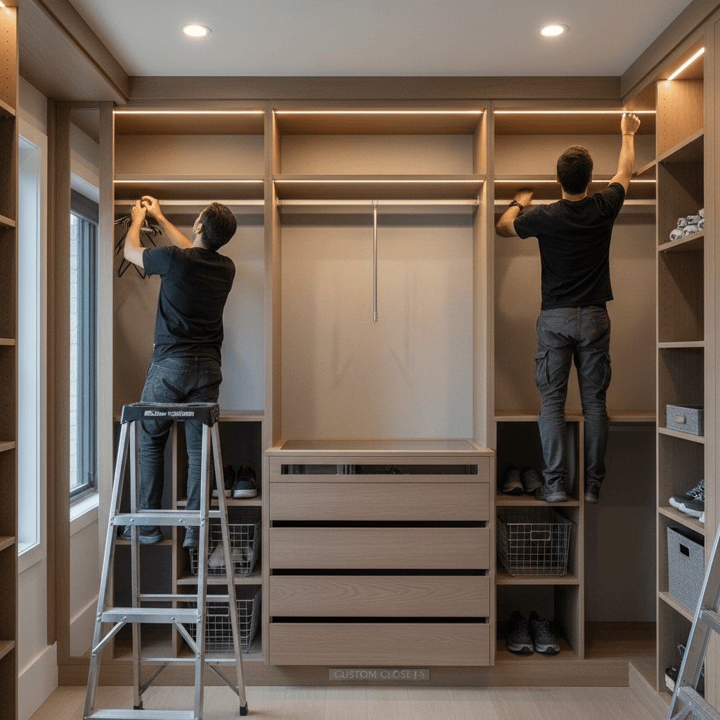 Custom closet system with shelving and storage